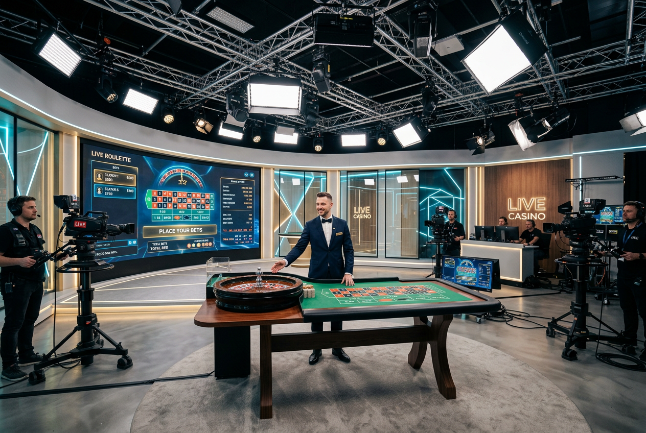 Profesionální live casino studio s krupiérem a špičkovým vybavením pro streamování v reálném čase.