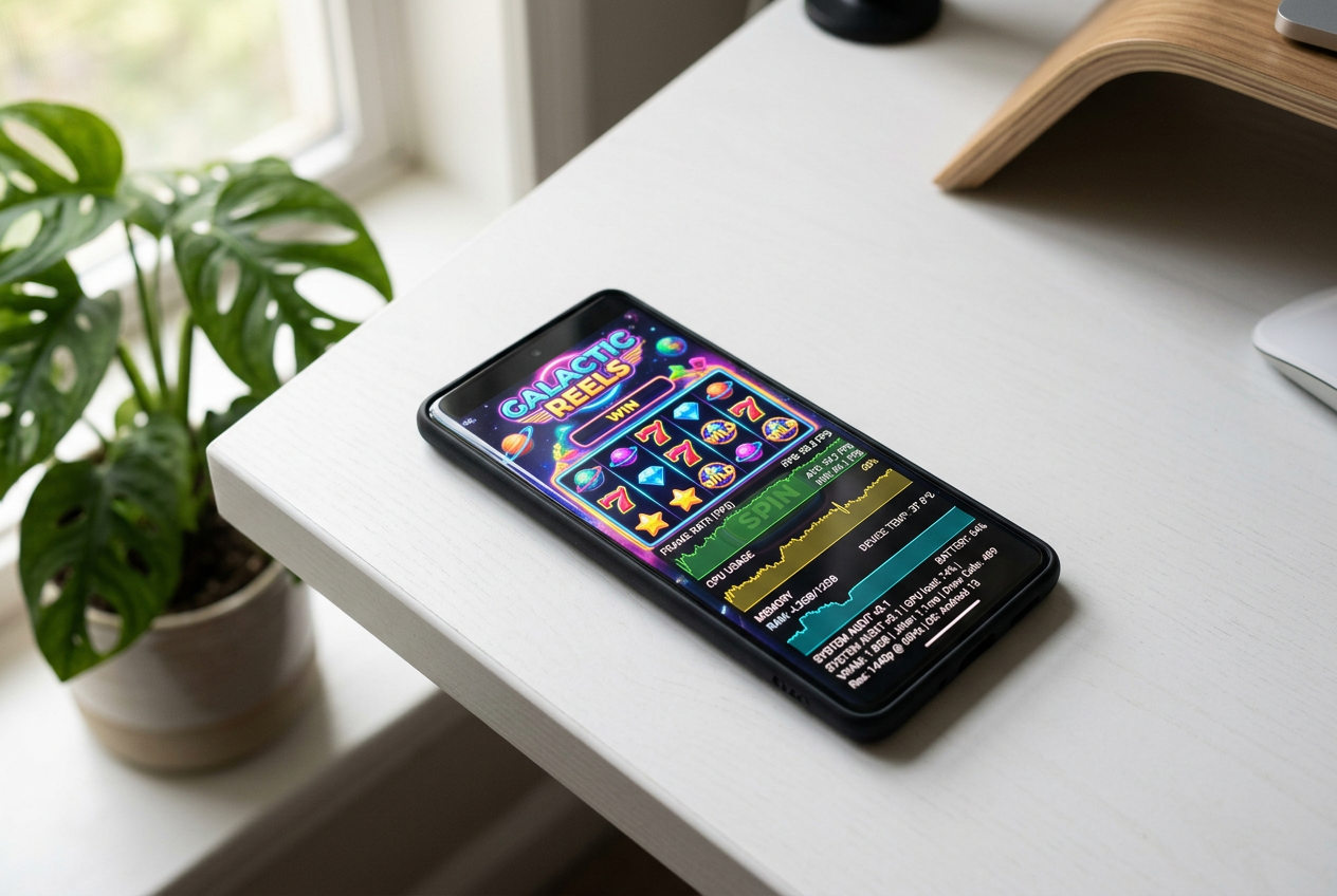 A smartphone showing technical performance graphs and slot game assets