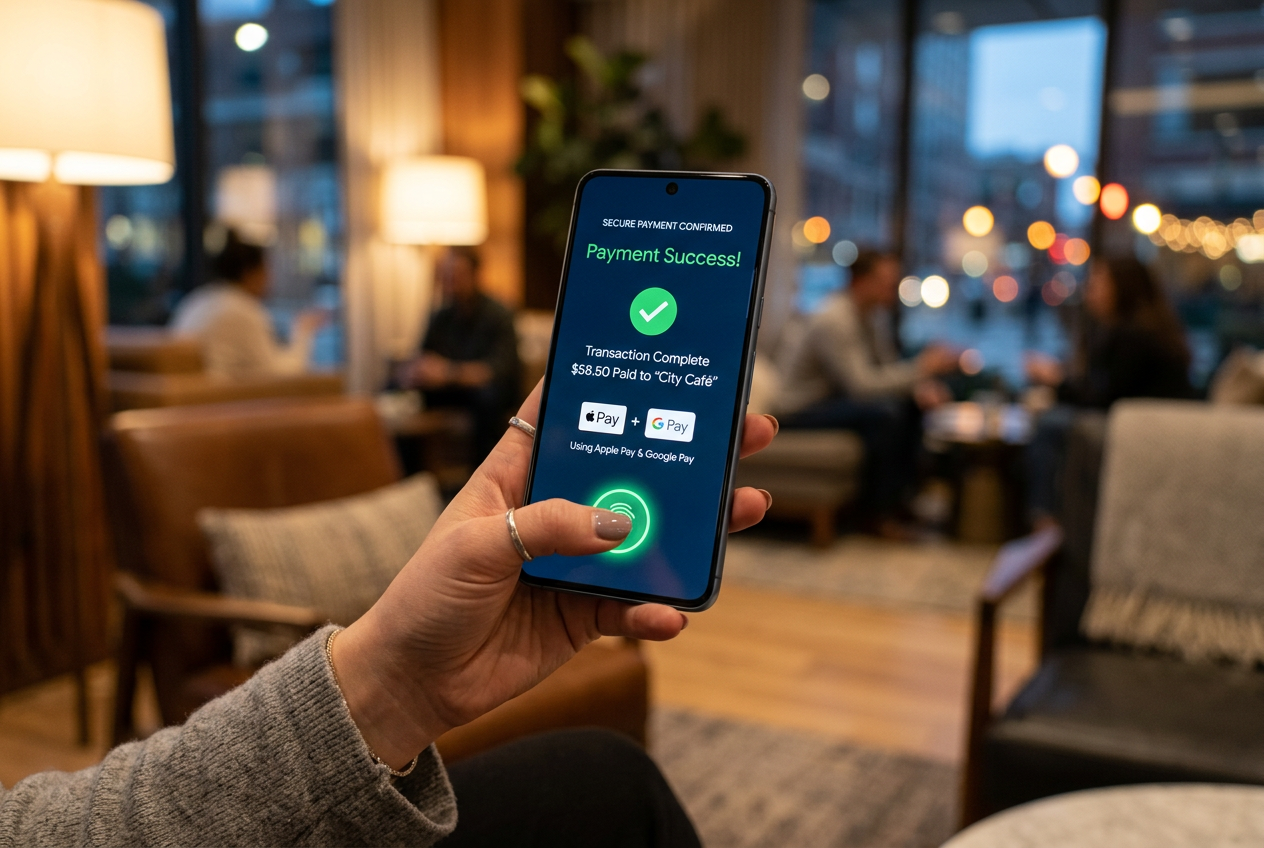 Close-up of a user confirming a mobile payment with a fingerprint scan
