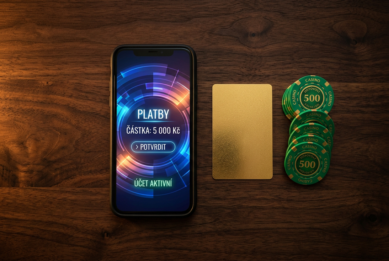 Smartphone s abstraktním grafickým rozhraním vedle platební karty a mincí
