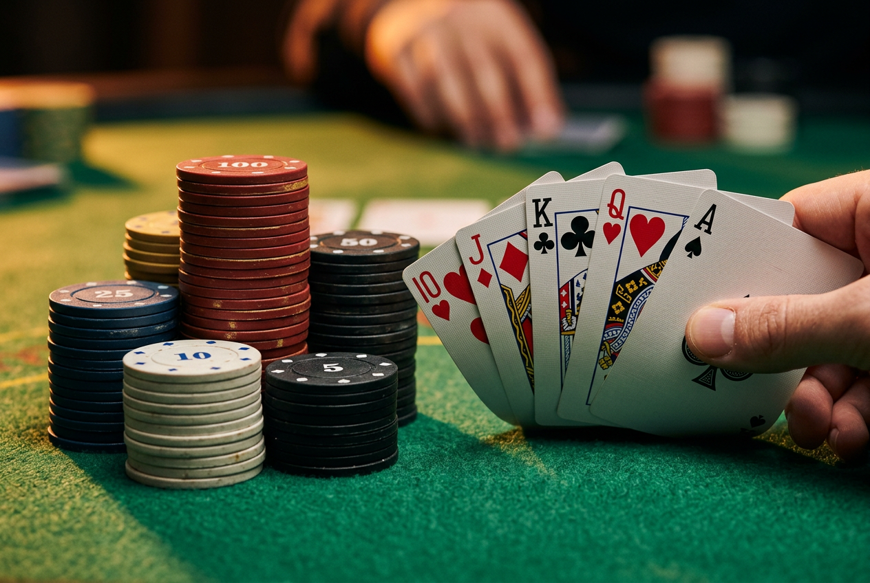Detailní záběr na hromadu barevných pokerových žetonů a rozdané karty na zeleném plátně