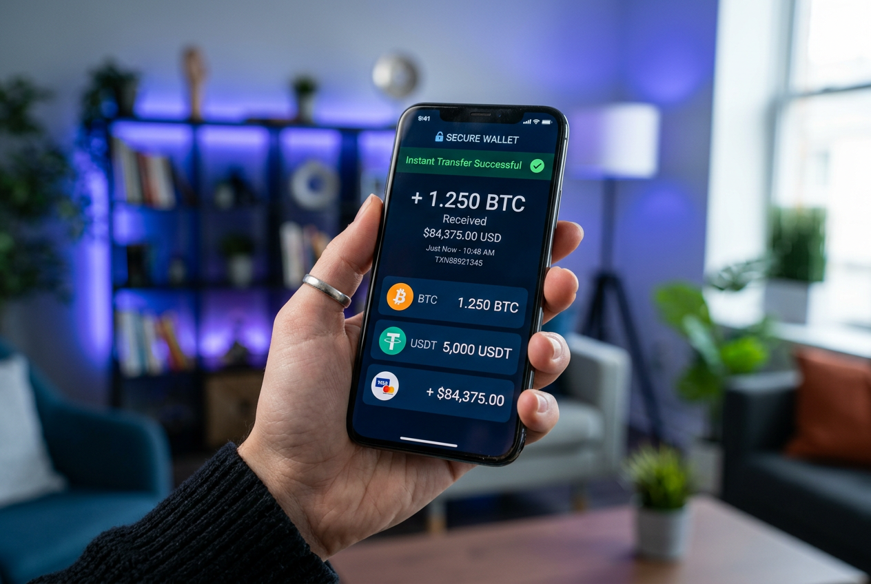 Mobilní telefon zobrazující digitální peněženku a krypto transakce pro kasino.