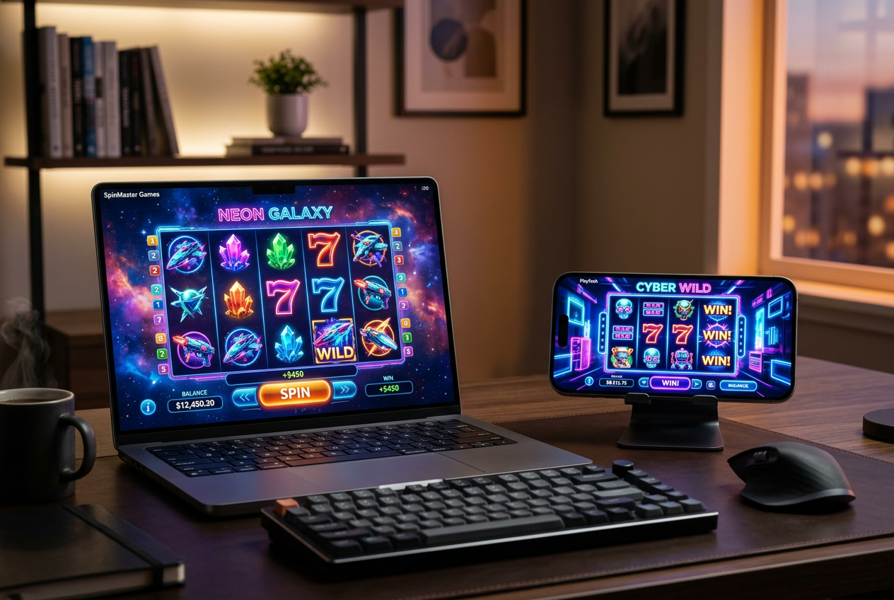High-definition video slot games displayed on a laptop and smartphone on a wooden desk