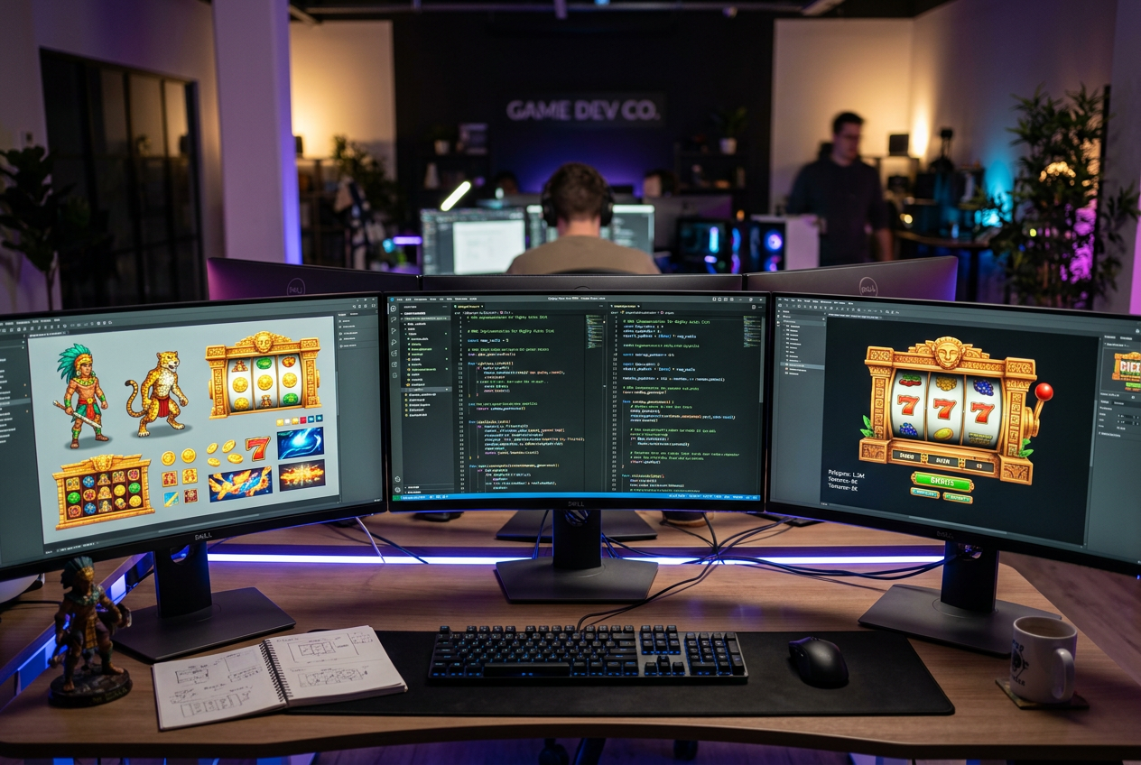 Professional game developer studio with monitors showing slot game algorithms and art